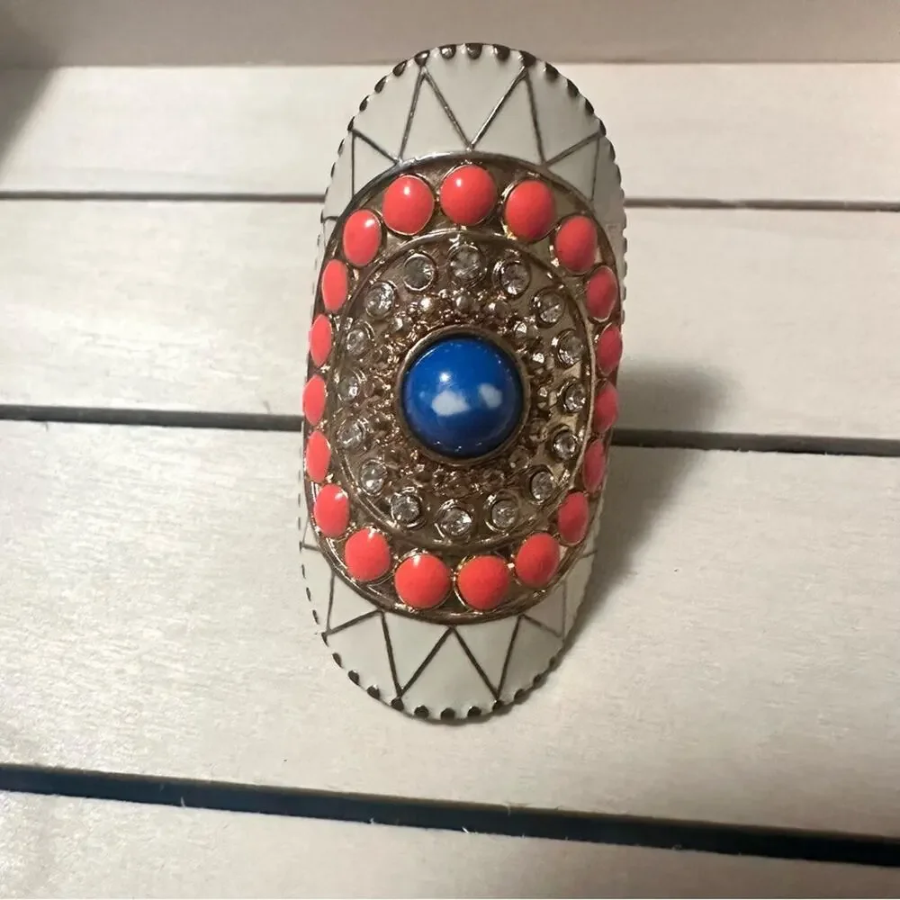 Boho Tribal Chunky Cocktail Ring Oran Blue White Elastic Band